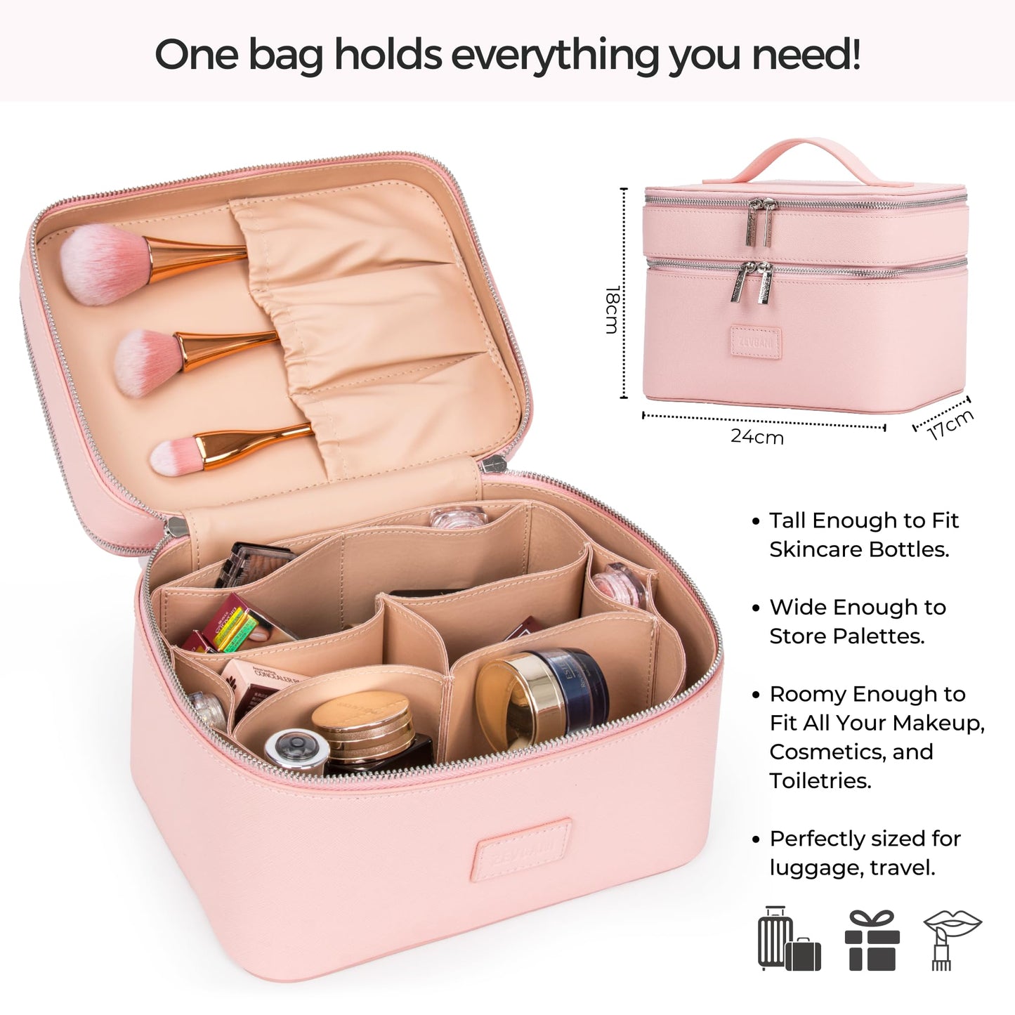 ZEVGANI Vanity Case, Leather Makeup Bag with Mirror, Large Travel Make up Cosmetic Organizer Dual Compartments Brush Storage & Removable Divider for Full-Size Toiletries Skincare, Pink