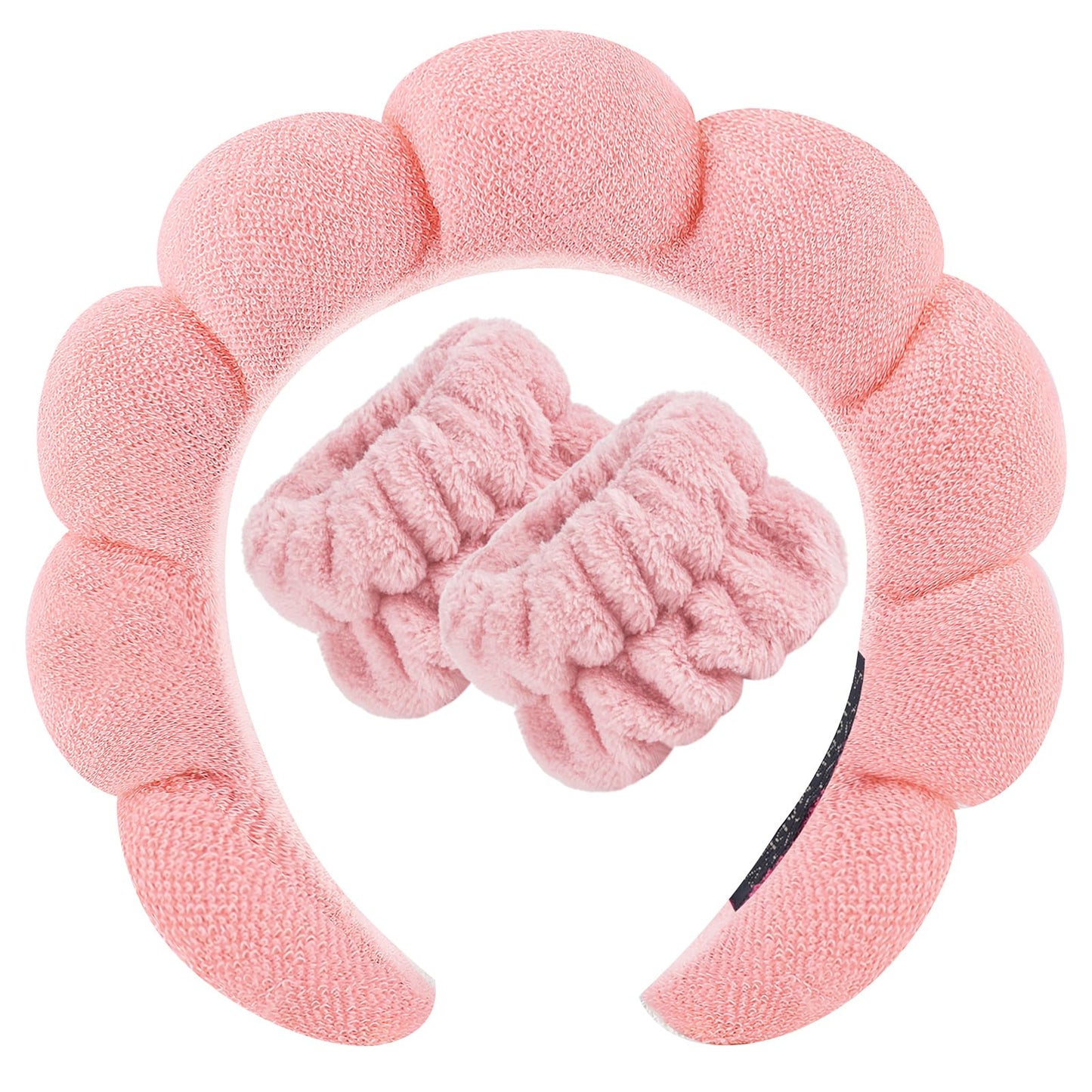 Zkptops Spa Headband for Washing Face Wristband Set Sponge Makeup Skincare Terry Cloth Bubble Soft Get Ready Hairband for Women Girl Puffy Padded Headwear Non Slip Thick Hair Accessory(Orange Pink-2)
