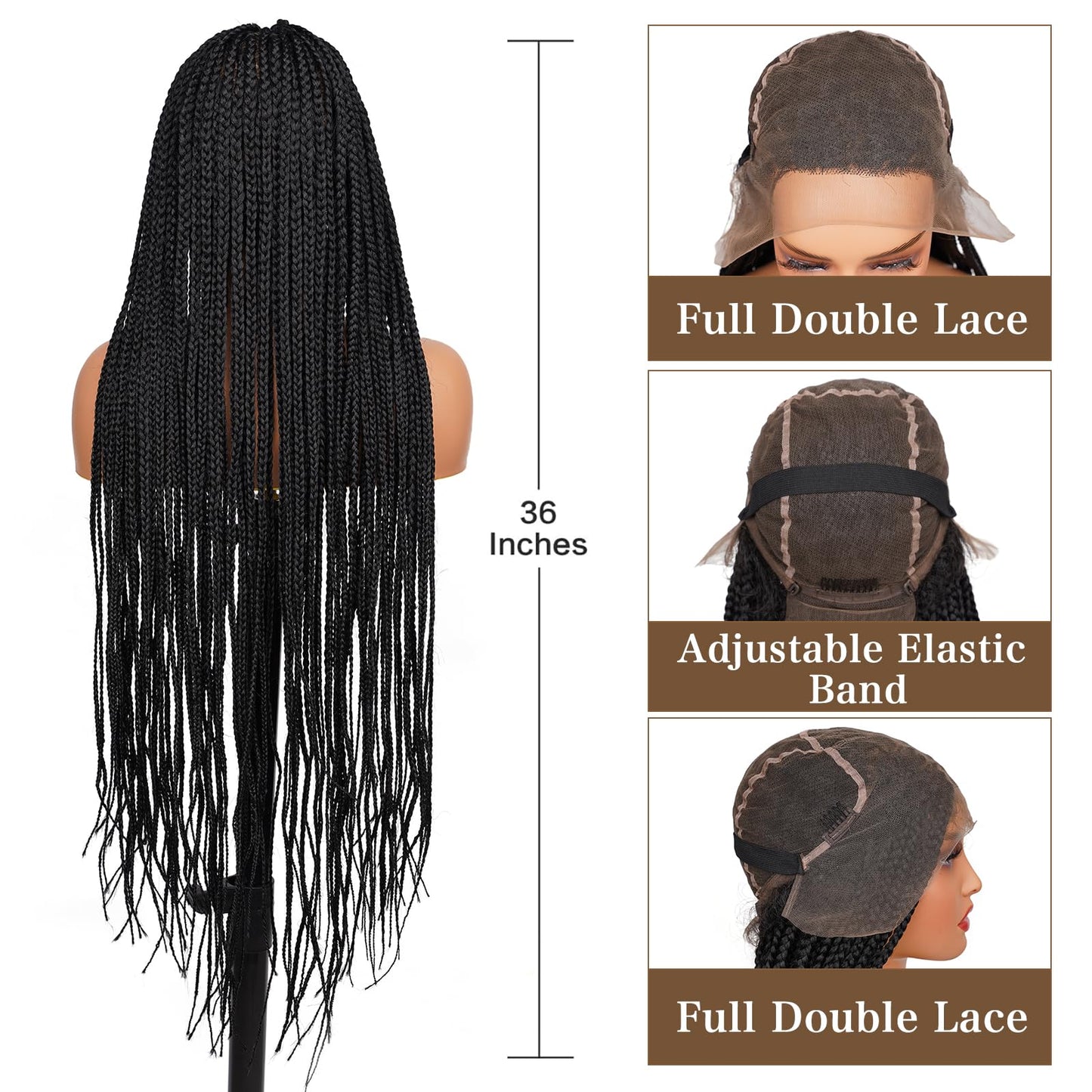 Top Remy Box Braided Wigs For Women 36" Full Double Lace Braided Wig With Baby Hair Large Square Knotless Long Braided Wigs Synthetic Handmade Full Lace Braided Wig