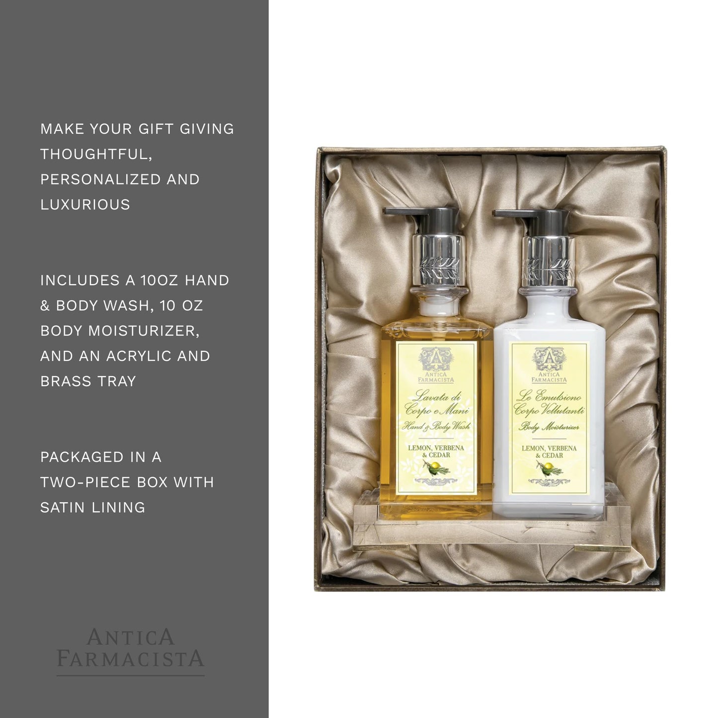 Antica Farmacista Acrylic Bath & Body Gift Set - Includes Body Wash, Body Moisturizer & Acrylic Tray - Holiday Body Care Gift Set for Women & Men - Lemon Verbena & Cedar
