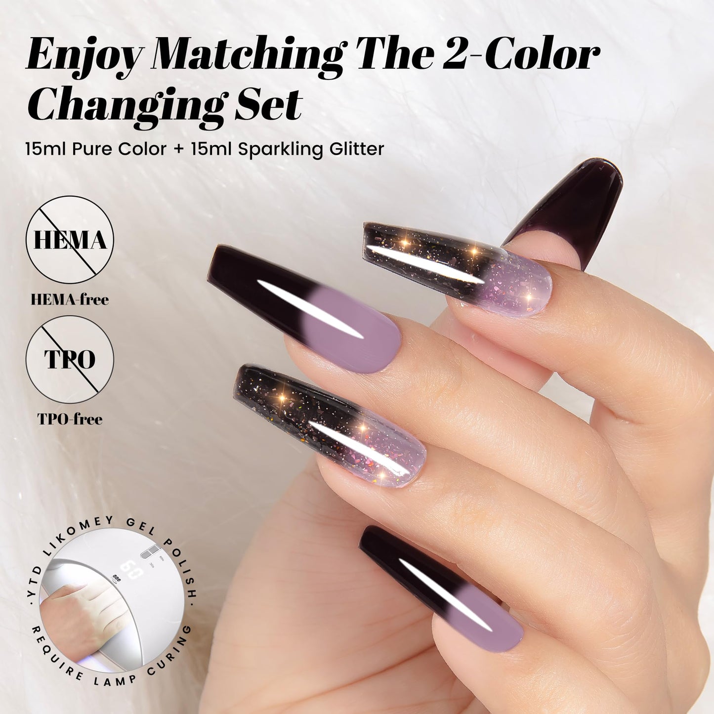 YTD Likomey Gel Polish Set,15ml Color Changing Grayish Purple To Black Pure Color and Brocade Glitter Nail Gel Kit,Thermal Ombre Change Colors Translucent Salon Manicure UV Varnish,2 Pcs 0.5 Oz,WB2-05
