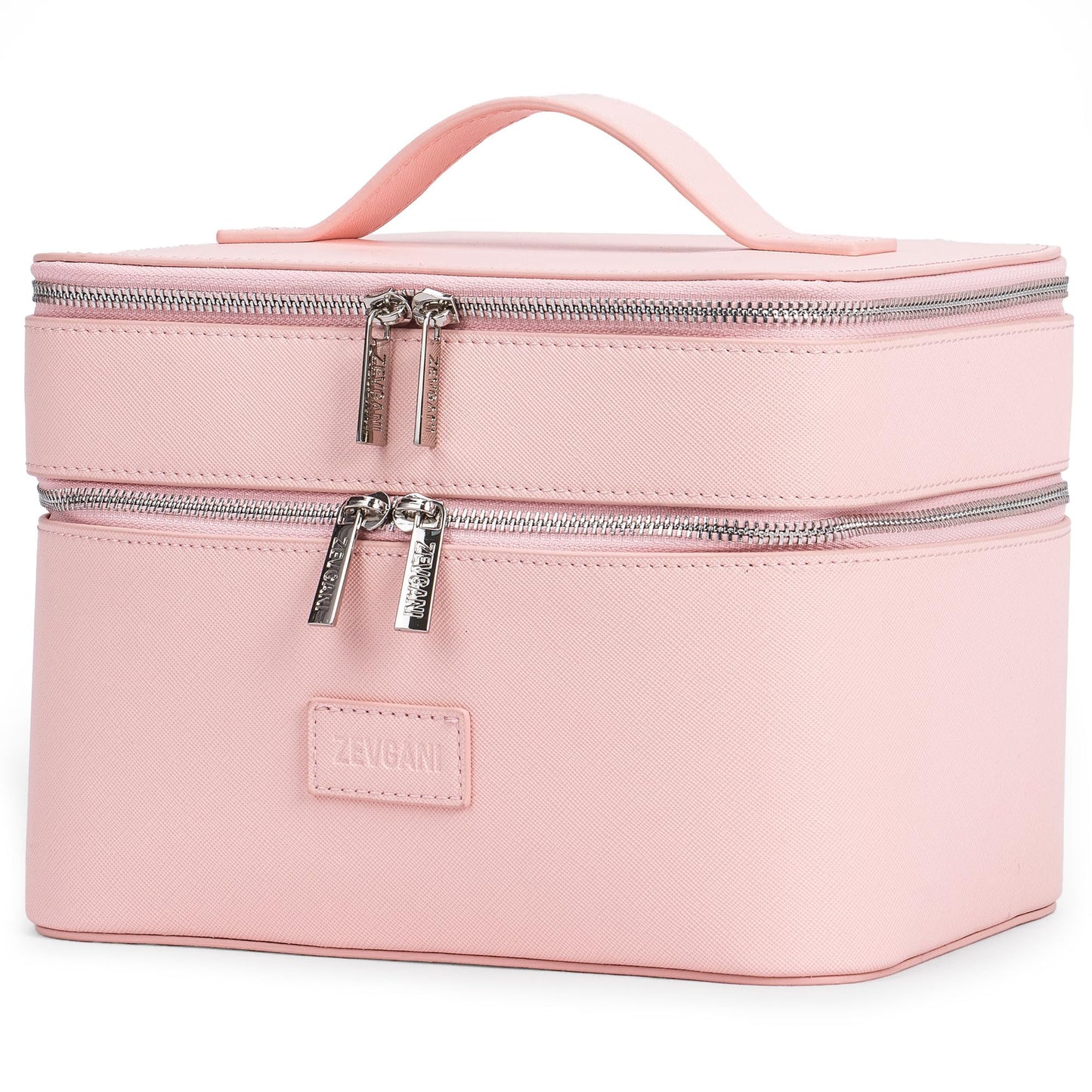 ZEVGANI Vanity Case, Leather Makeup Bag with Mirror, Large Travel Make up Cosmetic Organizer Dual Compartments Brush Storage & Removable Divider for Full-Size Toiletries Skincare, Pink