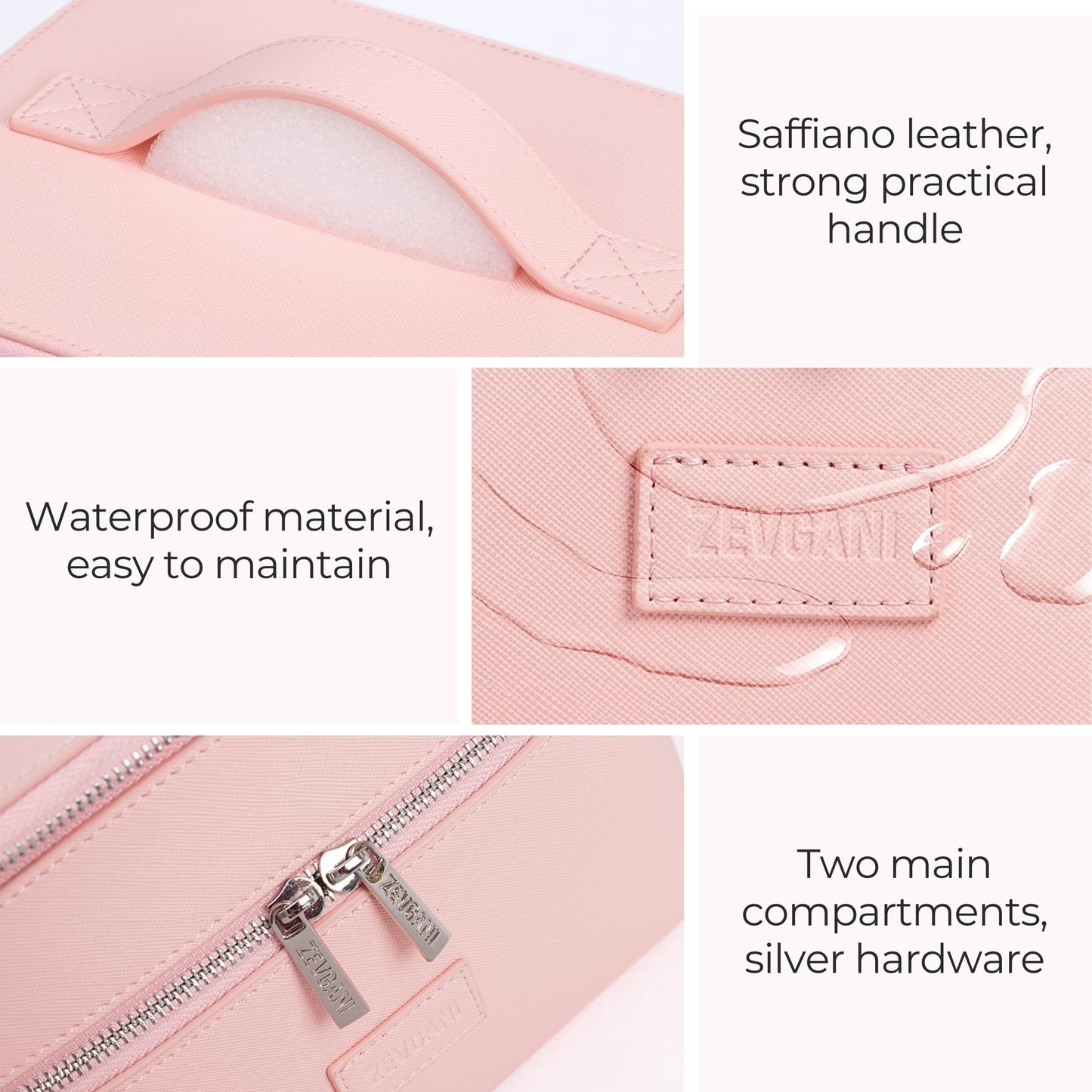 ZEVGANI Vanity Case, Leather Makeup Bag with Mirror, Large Travel Make up Cosmetic Organizer Dual Compartments Brush Storage & Removable Divider for Full-Size Toiletries Skincare, Pink