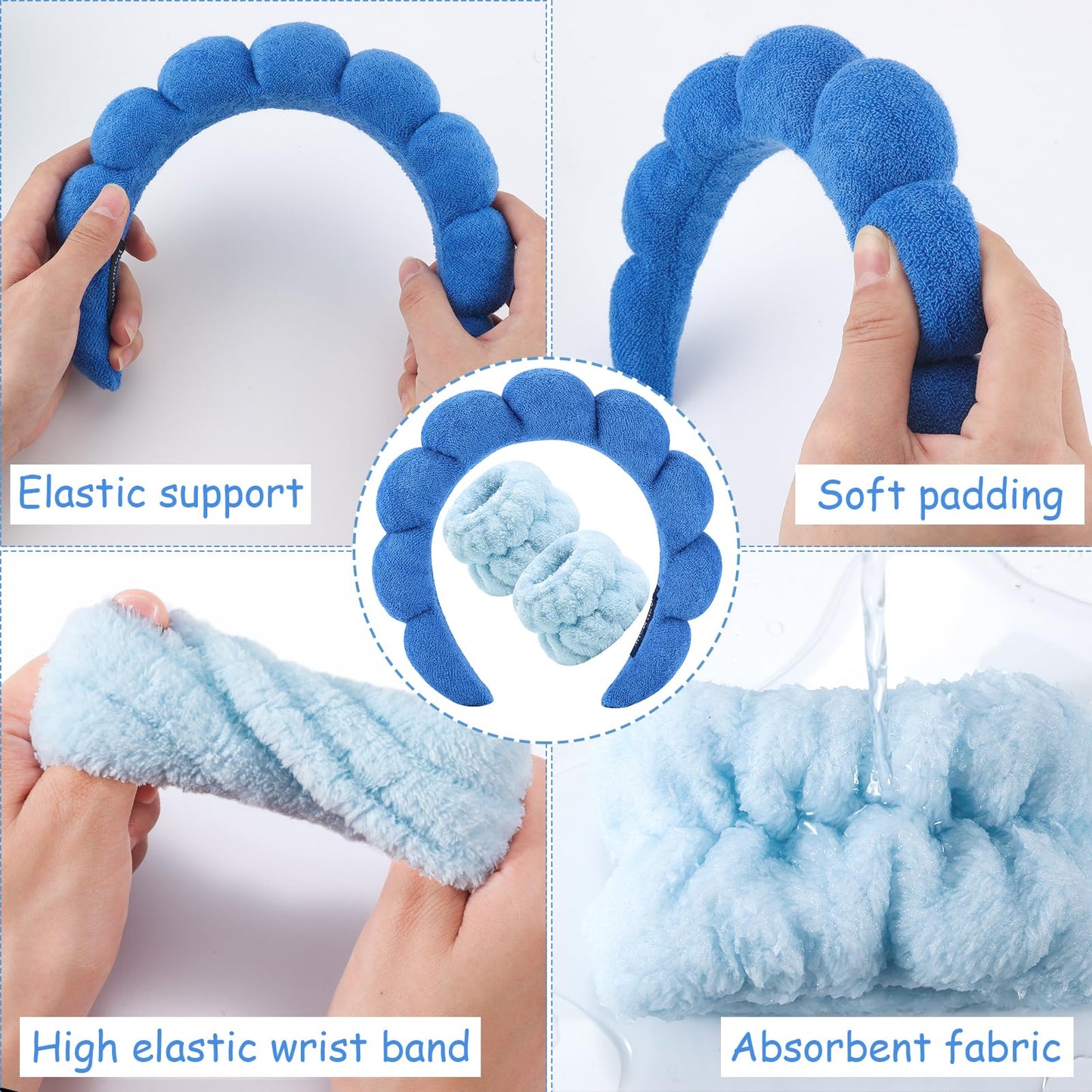 Zkptops Spa Headbands for Washing Face Wristband Set Sponge Makeup Skin Care Headband Towels Bubble Soft Hairband for Women Girls Puffy Headwear Winter Non Slip Thick Thin Hair Accessory(Dark Blue-3)