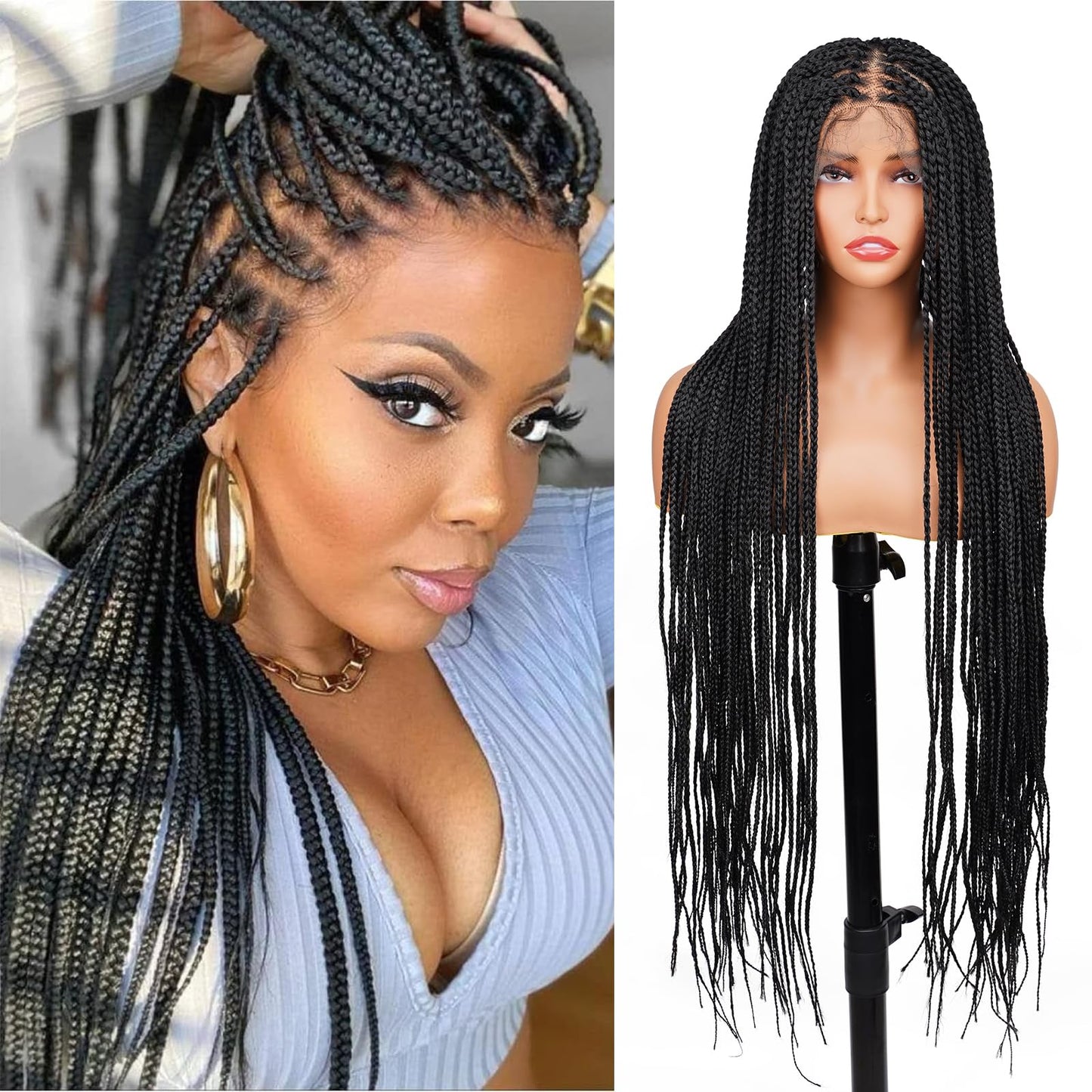 Top Remy Box Braided Wigs For Women 36" Full Double Lace Braided Wig With Baby Hair Large Square Knotless Long Braided Wigs Synthetic Handmade Full Lace Braided Wig