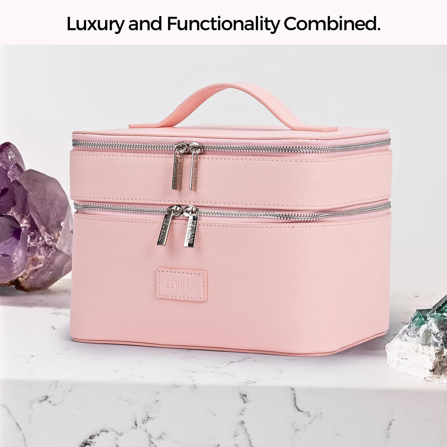 ZEVGANI Vanity Case, Leather Makeup Bag with Mirror, Large Travel Make up Cosmetic Organizer Dual Compartments Brush Storage & Removable Divider for Full-Size Toiletries Skincare, Pink