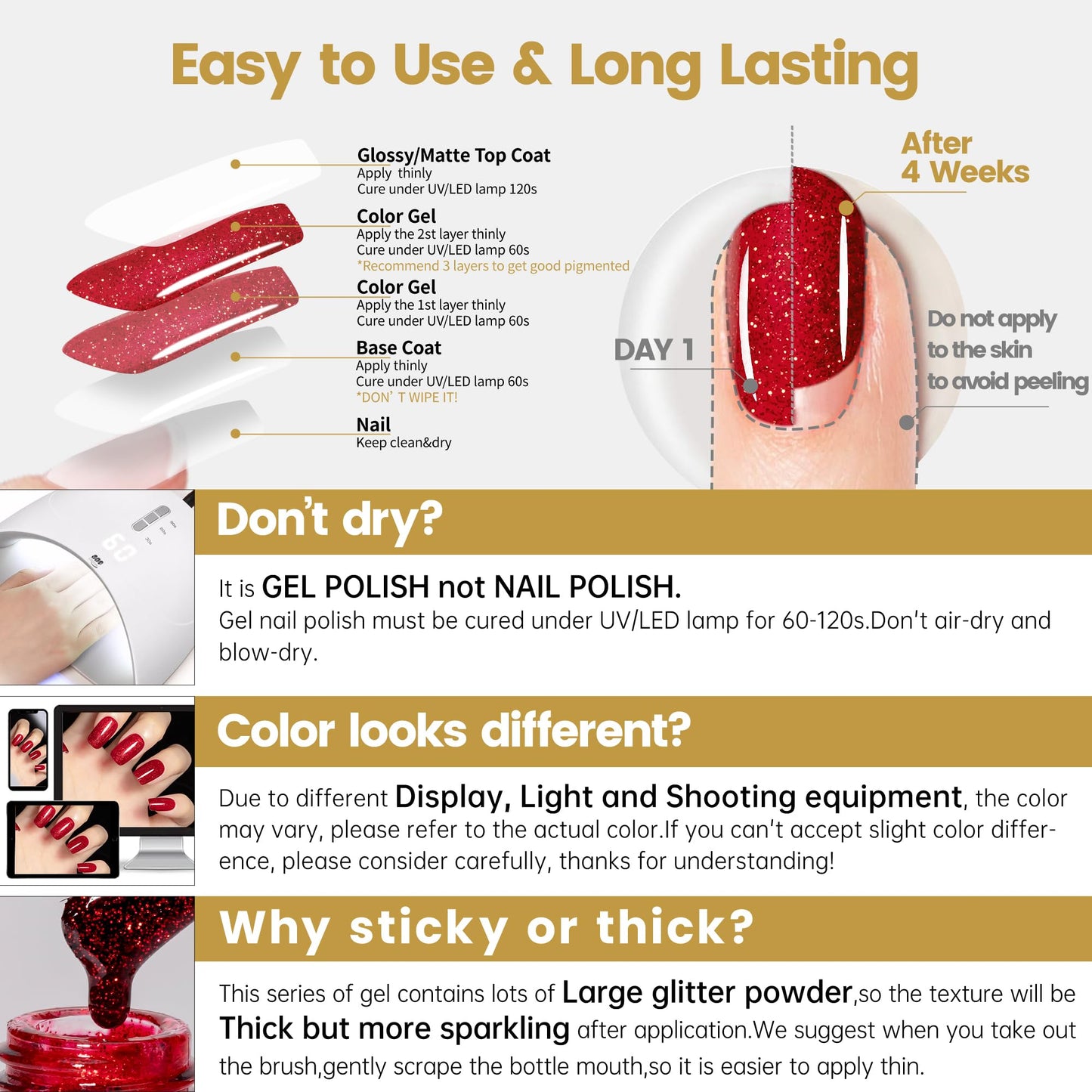 YTD Likomey Gel Nail Polish,15ml Red Glitter UV Nails Gel,Shiny Sparkly Salon Home DIY UV Manicure Nail Art Varnish,SF440
