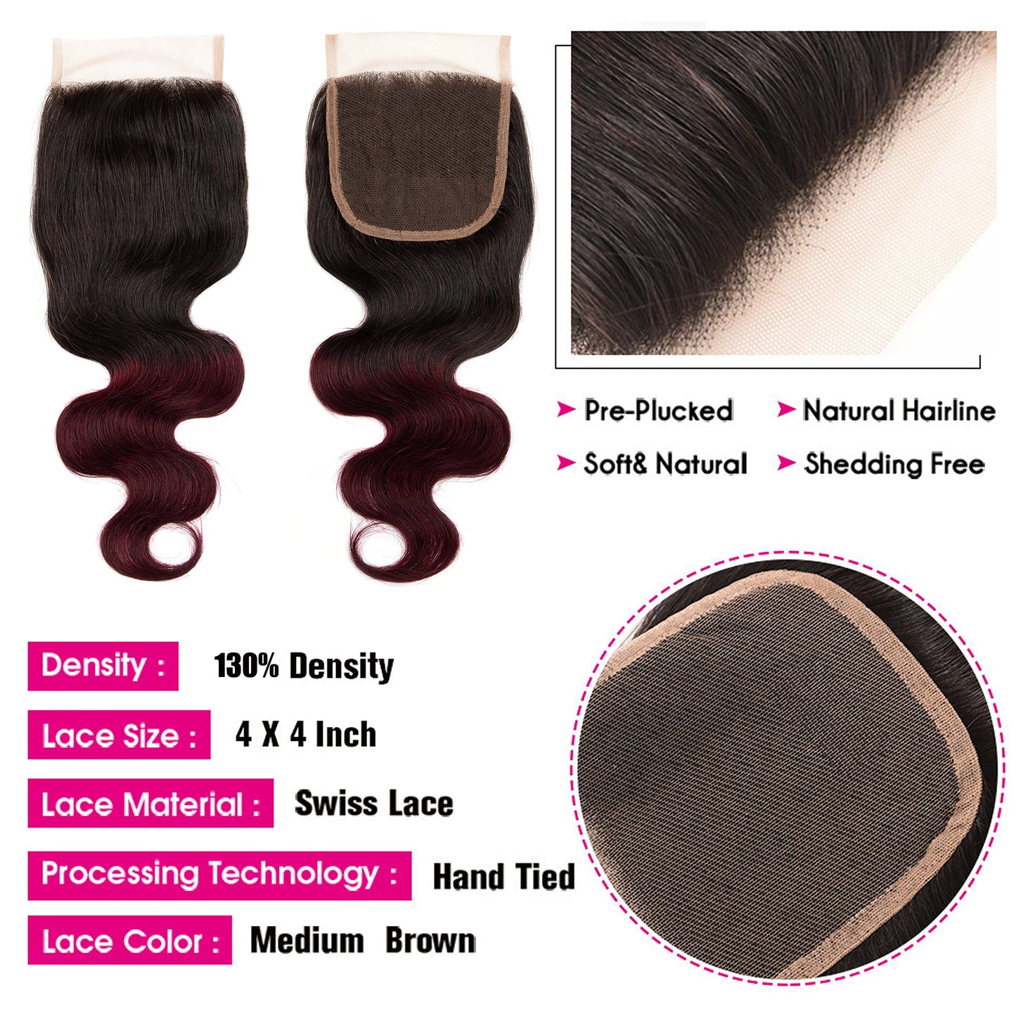 Lovenea 2 Tone Ombre Body Wave Hair 3 Bundles with 4x4 Lace Closure 100% Unprocessed Brazilian Remy Virgin Hair Body Wave Human Hair Bundles with Free Part Closure(T1B/99J, 12 14 16+10)