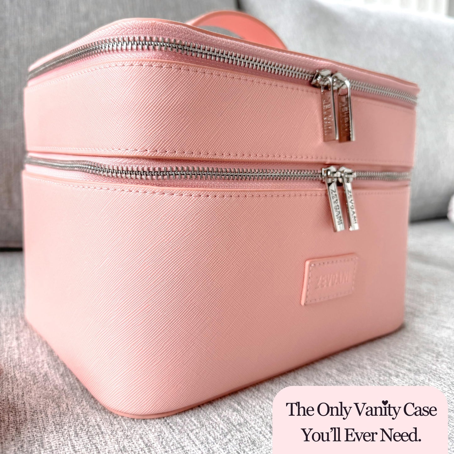ZEVGANI Vanity Case, Leather Makeup Bag with Mirror, Large Travel Make up Cosmetic Organizer Dual Compartments Brush Storage & Removable Divider for Full-Size Toiletries Skincare, Pink