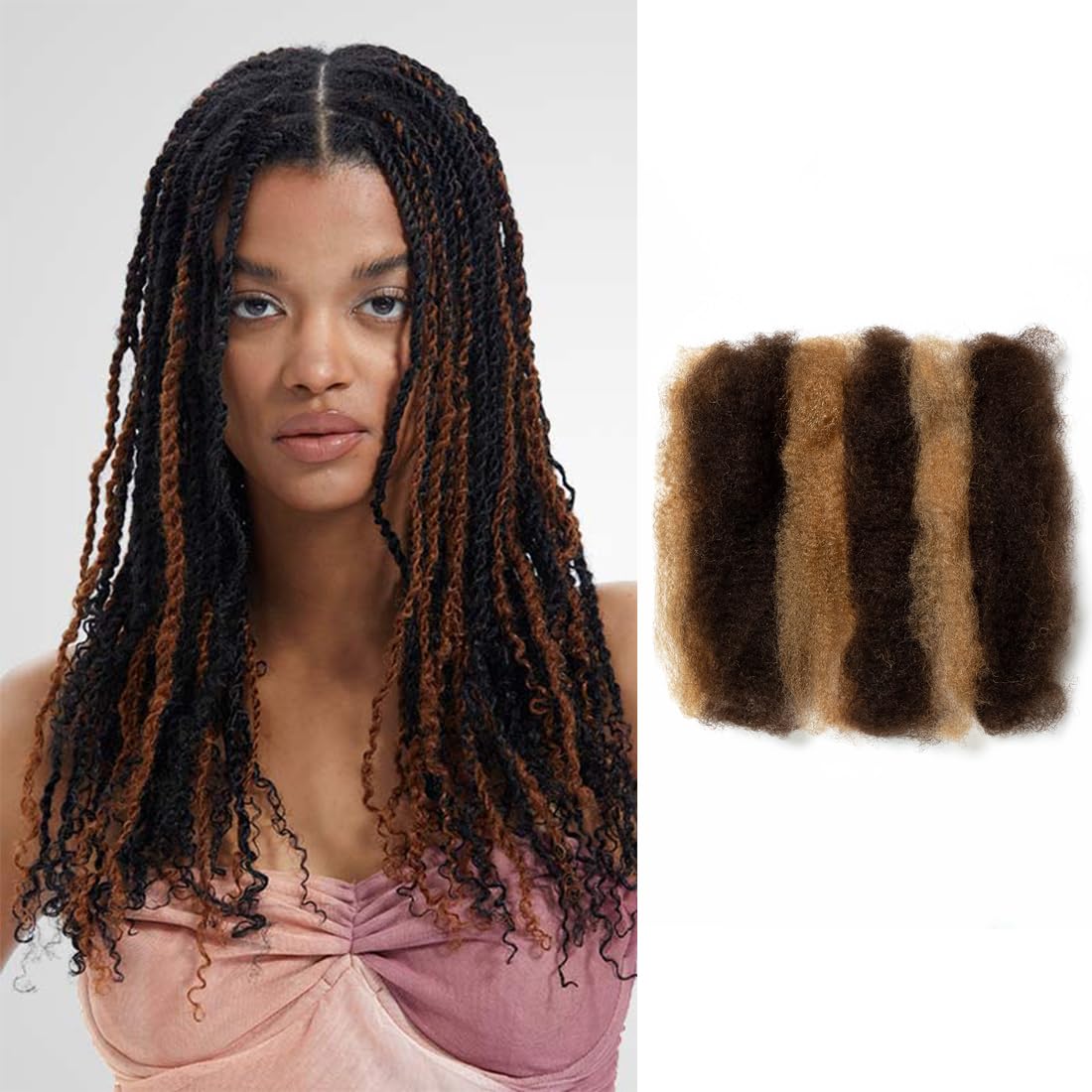 QVR Afro Kinkys Bulk Human Hair Braiding for Lock Repairs, Dreadlock Extensions, Twists Highlight Color