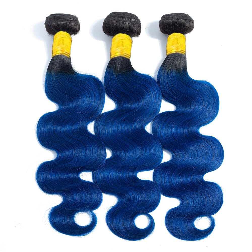Yuksoocosh 1B/Blue Body Wave Bundles Human Hair Blue Bundles Human Hair Ombre Two Tone Black and Blue Bundles Brazilian Human Hair Weave Wet and Wavy Bundles Silky Soft for Black Women 16 18 20 inch
