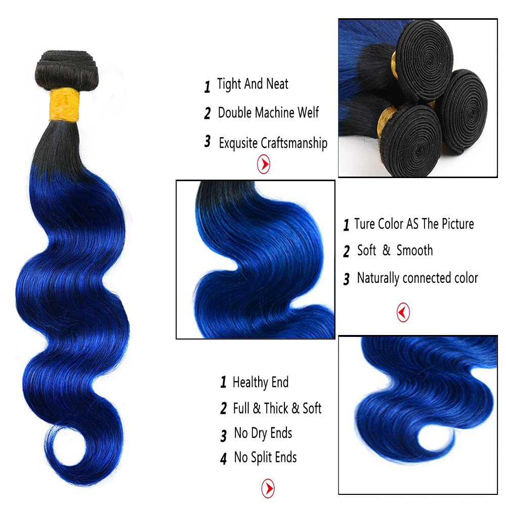 Yuksoocosh 1B/Blue Body Wave Bundles Human Hair Blue Bundles Human Hair Ombre Two Tone Black and Blue Bundles Brazilian Human Hair Weave Wet and Wavy Bundles Silky Soft for Black Women 16 18 20 inch