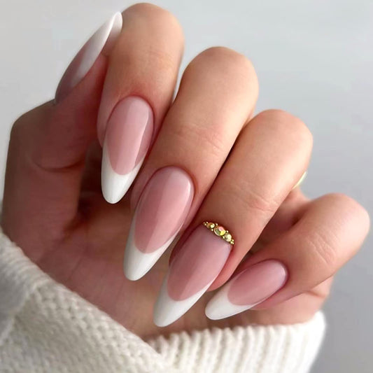 YOSOMK Medium French Tip Press on Nails Almond Fake Nails with Rhinestones Design Full Cover Glue on Acrylic Nails Glossy Nude Stick on Nails for Women