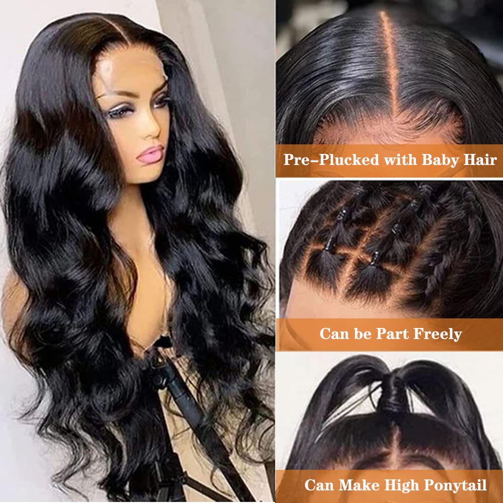 YOUFA 13x4 Body Wave Lace Frontal Wig Pre Plucked Hairline with Baby Hair Glueless 180% Density Transparent Lace Front Human Hair Wigs for Black Women Natural Color (24 inch)