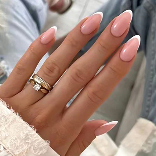 YOSOMK French Tip Press On Nails Medium Almond Fake Nails with Designs Nude Stick on Acrylic Nails Glossy Full Cover False Nails for Women