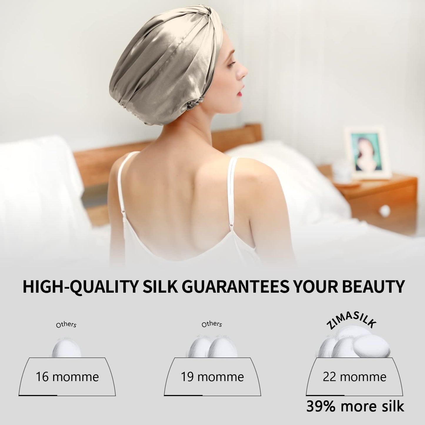 ZIMASILK 22 Momme 100% Mulberry Silk Sleep Cap for Women Hair Care,Natural Silk Night Bonnet with Elastic Stay On Head (One Size, Taupe)