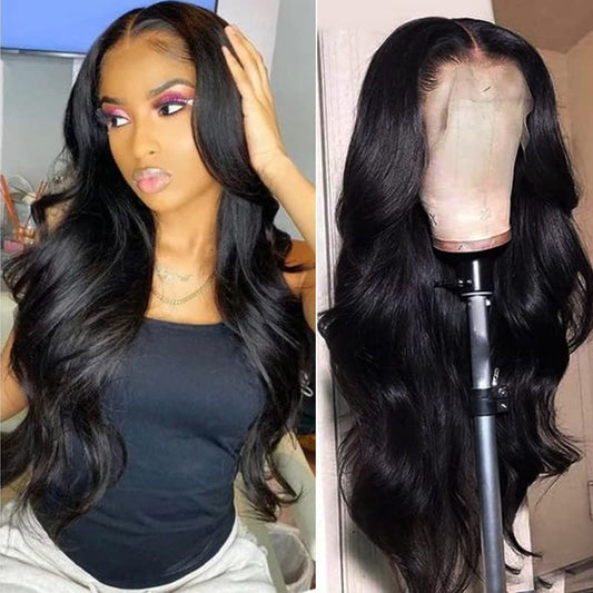 YOUFA 13x4 Body Wave Lace Frontal Wig Pre Plucked Hairline with Baby Hair Glueless 180% Density Transparent Lace Front Human Hair Wigs for Black Women Natural Color (24 inch)