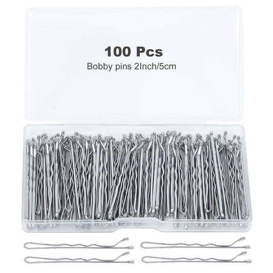 100Pcs Bobby Pins Silver Hair Pins Kit for Women Girls Kids Premium Wavy Silver Bobby Pins Hair Clips for Gray White Hair with Storage Box,Suitable for All Hair Types (2inch)