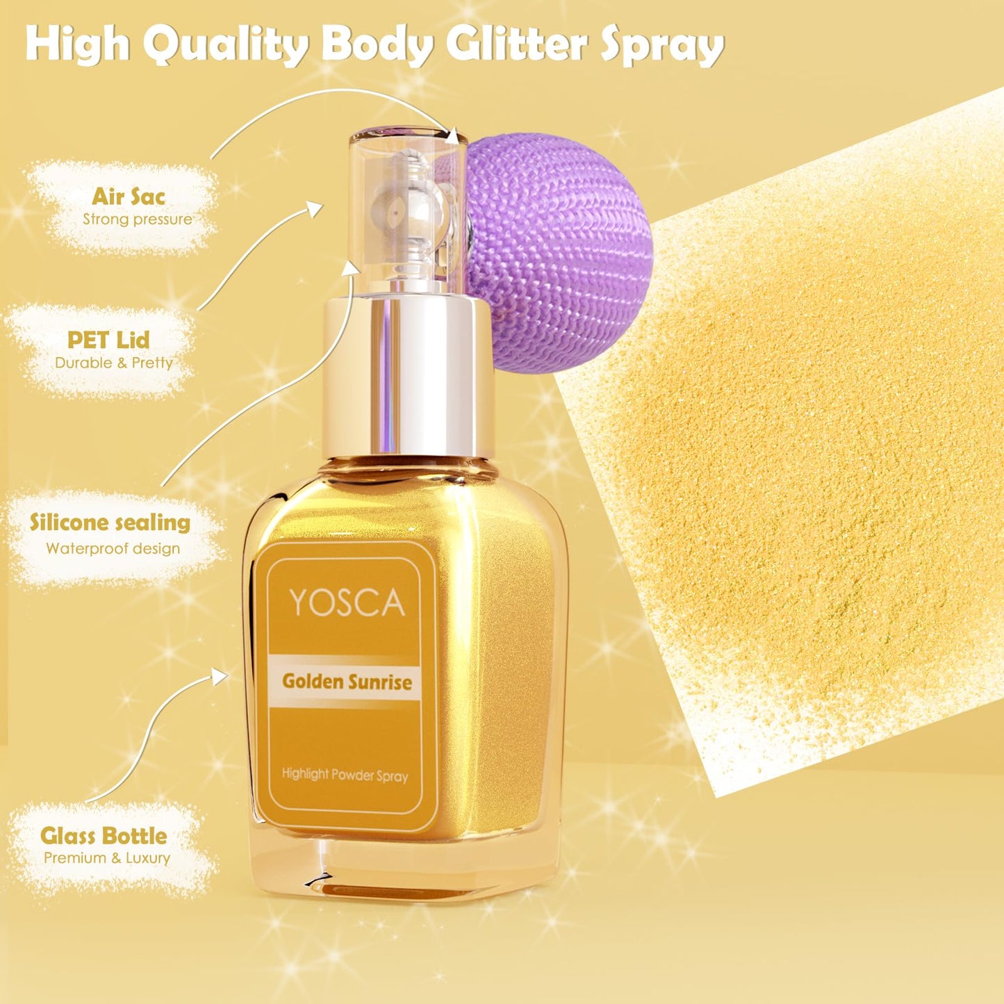 Yosca Highlighter Powder Spray, 20ML Cosmetic Grade Shimmer Powder Gold Glitter Spray Sparkle Highlighter Makeup Festival Concert Accessorise for Rave Clothes Hair Face Nail Art - Golden Sunrise