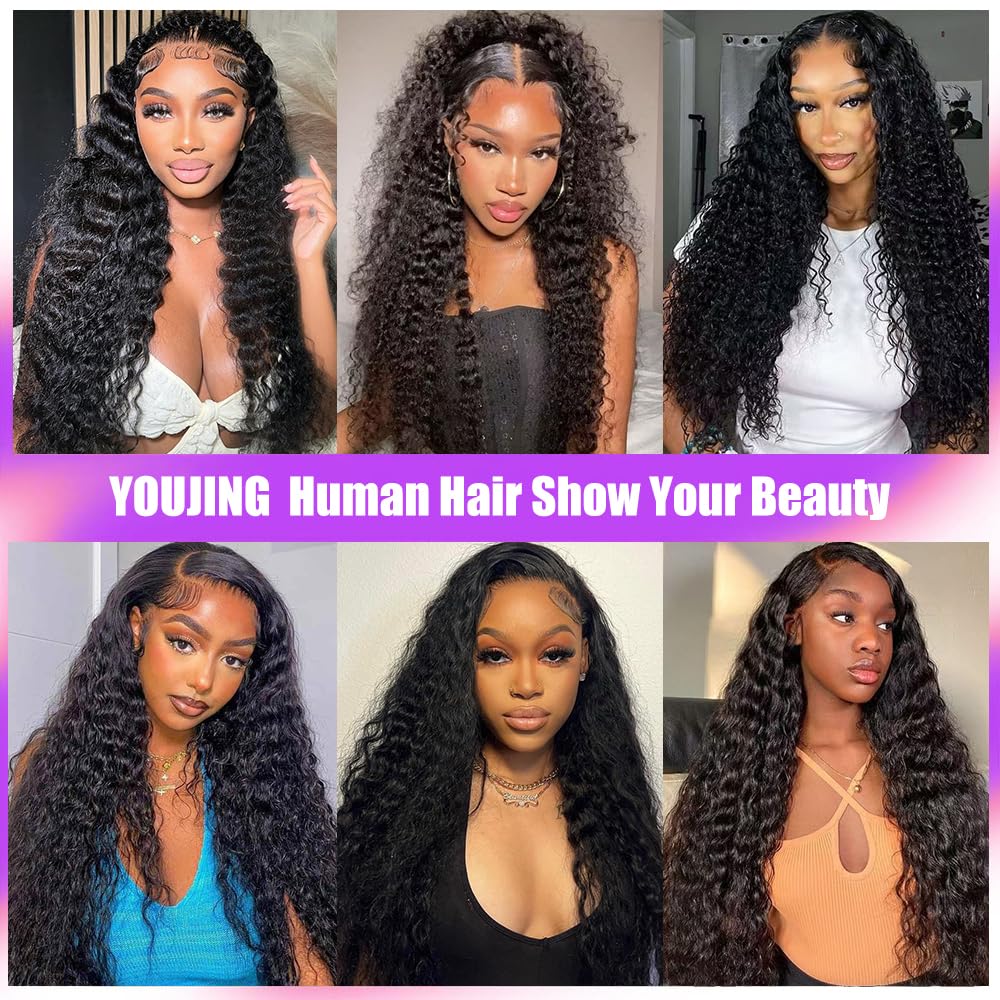 YOUJING Deep Wave Lace Front Wigs Human Hair 13x6 HD Transparent Deep Curly Lace Frontal Wigs Human Hair 200 Density Glueless Wigs Human Hair with Baby Hair for Women Natural Color 24 Inch
