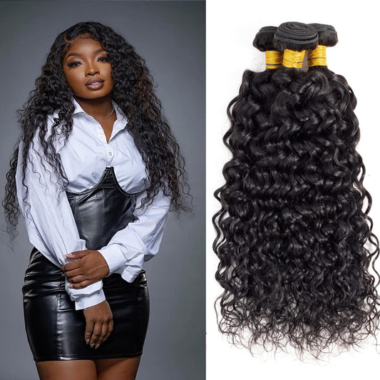 #1B Deep Water Wave Bundles Human Hair Color 1B Water Curly Weave Bundles Double Weft Brazilian Remy Hair Weave Extensions Wet and Wavy Bundles Soft Silky for Black Women (26 28 30 inch,3 Bundles)