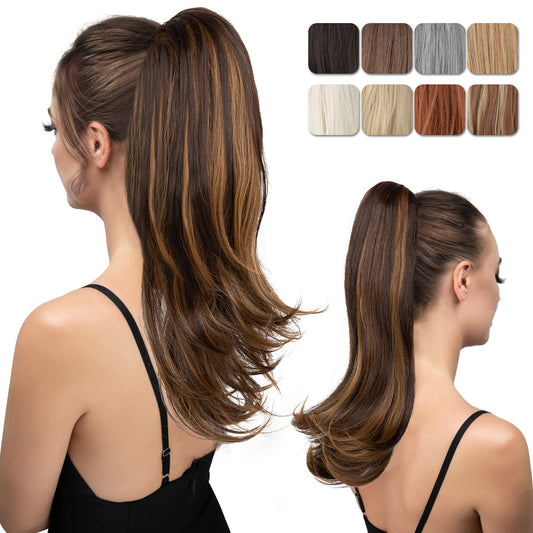youngways Clip in Ponytail Extension 18 Inch Drawstring Pony Tails Hair Extensions for Women Long Straight Curly Tail Ponytail Hair piece Synthetic Fake Versatile Pony Dark Brown/Golden Blonde