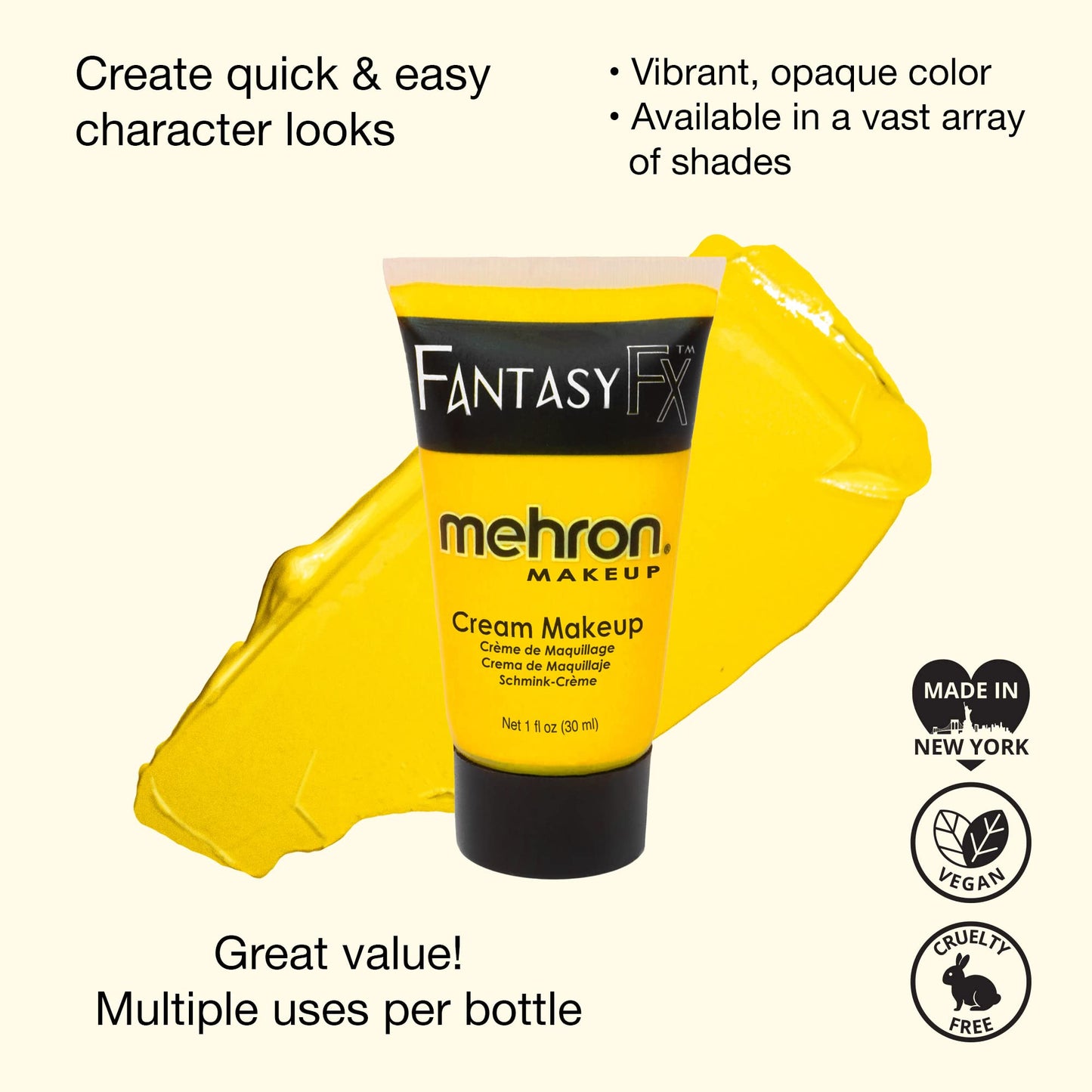 Mehron Makeup Fantasy FX Cream Makeup | Water Based | Halloween | Yellow Face & Body Paint For Adults 1 fl oz (30ml) (YELLOW)