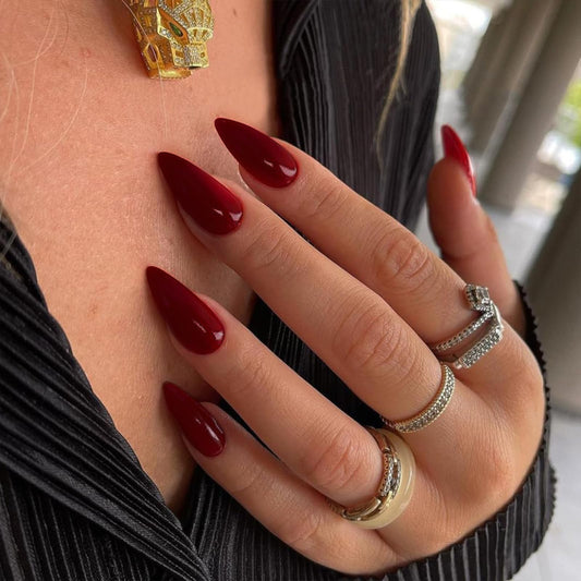 YOSOMK Medium Press On Almond Burgundy Red Fake Nails with Designs - Fall Acrylic Glossy Glue On Artificial Nails for Women and Girls