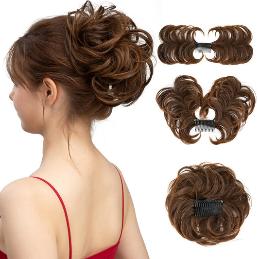 YOUNGWAYS Messy Bun Hair Piece Side Comb Clip in Hair Bun Hairpiece for Women Short Natural Straight Versatile Adjustable Styles Easy Hair pieces (Ginger Brown and Light Auburn Tips-C)