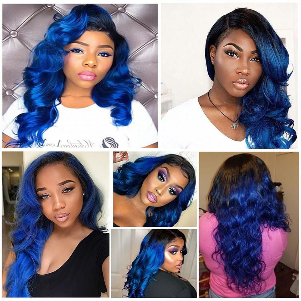 Yuksoocosh 1B/Blue Body Wave Bundles Human Hair Blue Bundles Human Hair Ombre Two Tone Black and Blue Bundles Brazilian Human Hair Weave Wet and Wavy Bundles Silky Soft for Black Women 16 18 20 inch