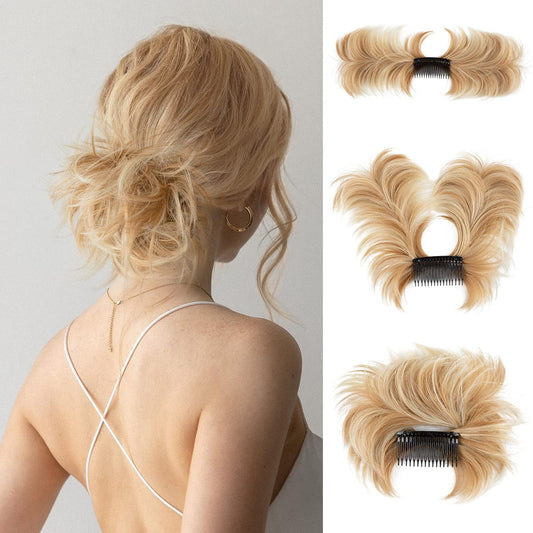 YOUNGWAYS Messy Bun Hair Piece Side Comb Clip in Hair Bun Hairpiece for Women Short Natural Straight Versatile Adjustable Styles Easy Hair pieces (Golden Blonde/Beach Blonde-S)