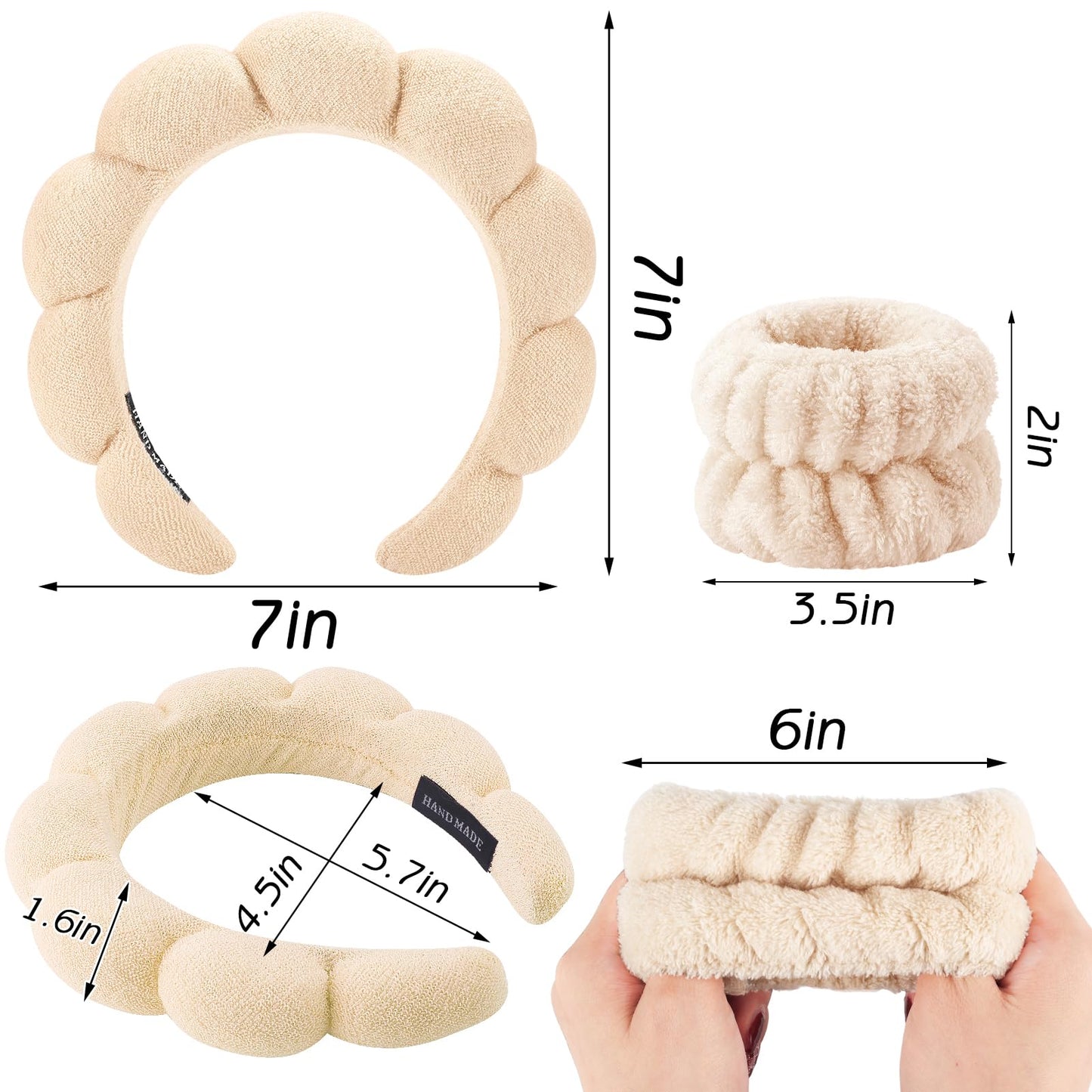 Zkptops Spa Headband for Women Sponge Makeup Skincare Headband Washing Face Wristband Set Terry Cloth Bubble Soft Get Ready Hairband Puffy Padded Headwear Non Slip Thick Hair Accessory(Beige)