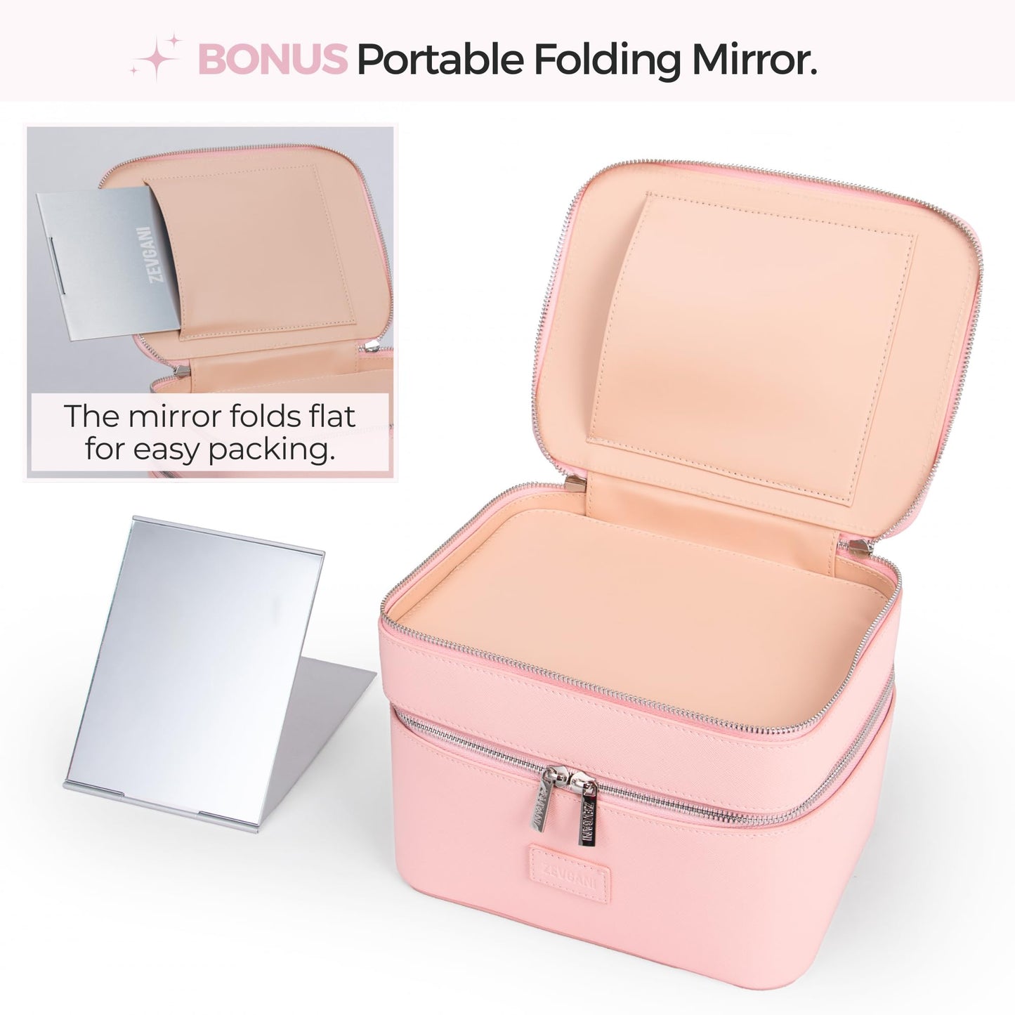 ZEVGANI Vanity Case, Leather Makeup Bag with Mirror, Large Travel Make up Cosmetic Organizer Dual Compartments Brush Storage & Removable Divider for Full-Size Toiletries Skincare, Pink