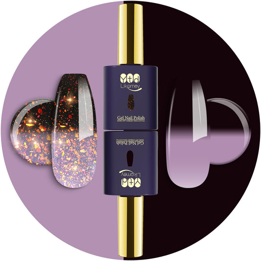 YTD Likomey Gel Polish Set,15ml Color Changing Grayish Purple To Black Pure Color and Brocade Glitter Nail Gel Kit,Thermal Ombre Change Colors Translucent Salon Manicure UV Varnish,2 Pcs 0.5 Oz,WB2-05