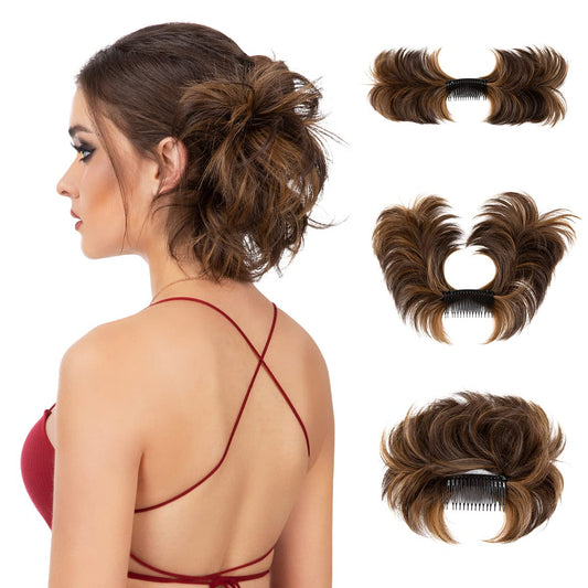 YOUNGWAYS Messy Bun Hair Piece Side Comb Clip in Hair Bun Hairpiece for Women Short Natural Straight Versatile Adjustable Styles Easy Hair pieces (Iced Mocha-S)