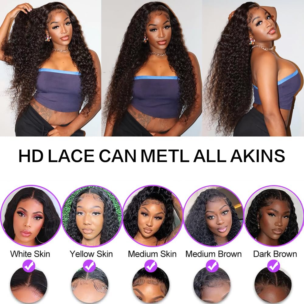 YOUJING Deep Wave Lace Front Wigs Human Hair 13x6 HD Transparent Deep Curly Lace Frontal Wigs Human Hair 200 Density Glueless Wigs Human Hair with Baby Hair for Women Natural Color 24 Inch