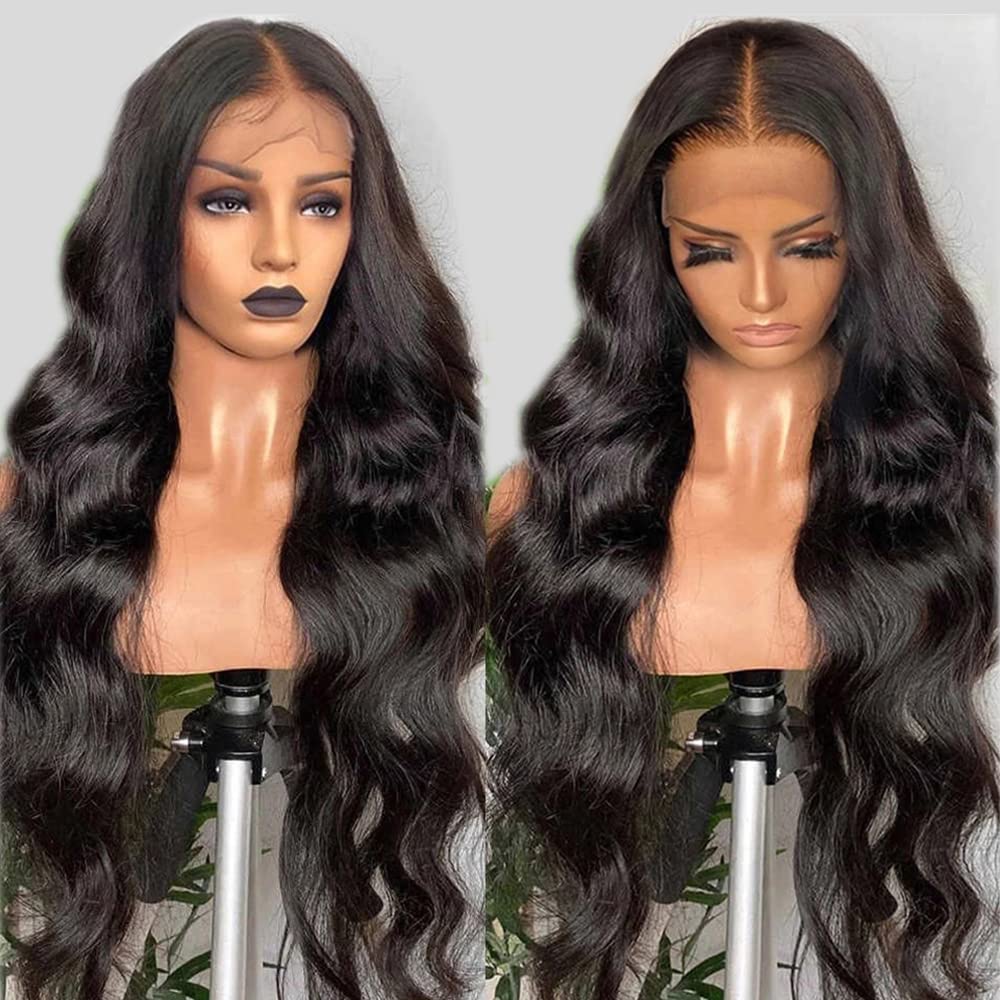 YOUFA 13x4 Body Wave Lace Frontal Wig Pre Plucked Hairline with Baby Hair Glueless 180% Density Transparent Lace Front Human Hair Wigs for Black Women Natural Color (24 inch)