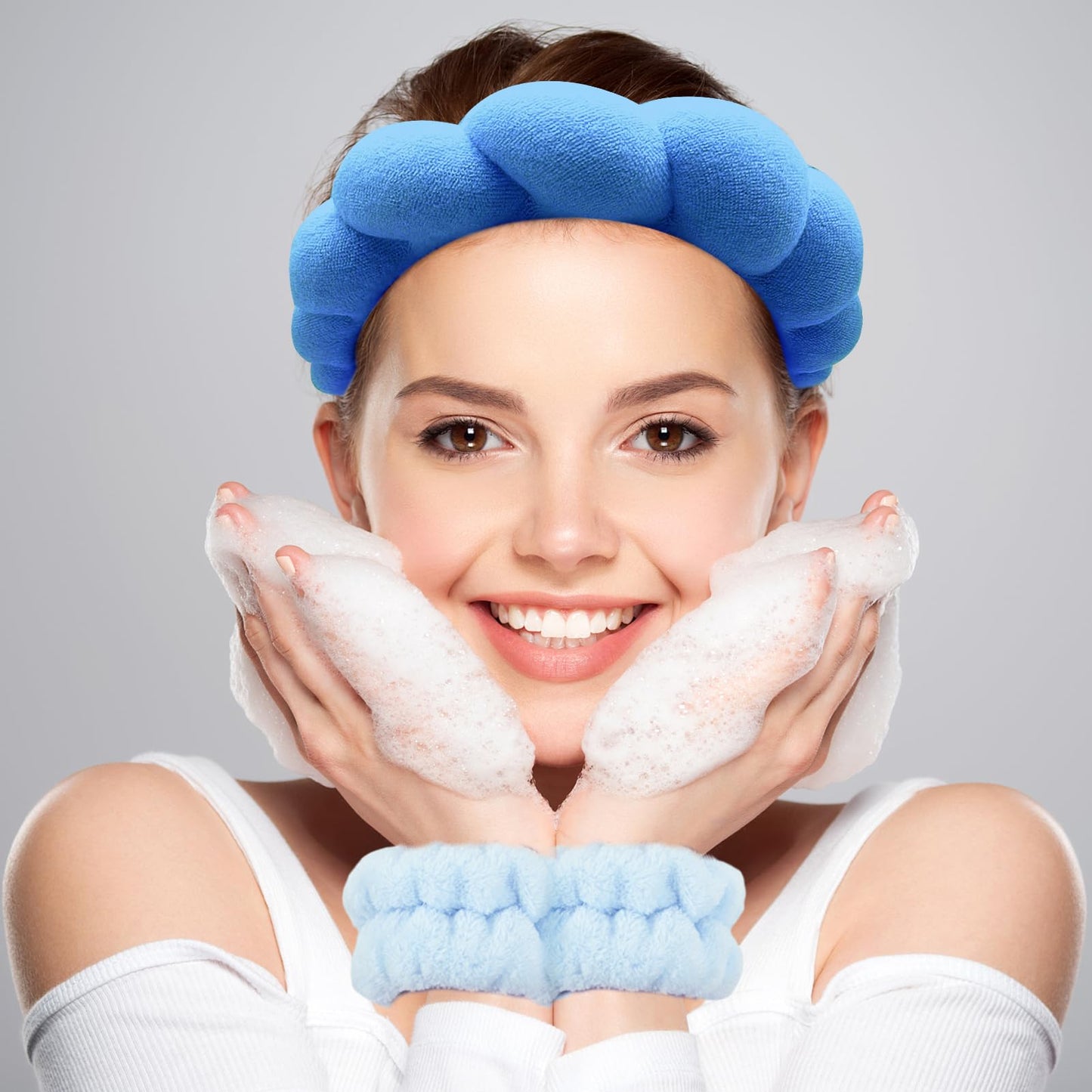 Zkptops Spa Headbands for Washing Face Wristband Set Sponge Makeup Skin Care Headband Towels Bubble Soft Hairband for Women Girls Puffy Headwear Winter Non Slip Thick Thin Hair Accessory(Dark Blue-3)