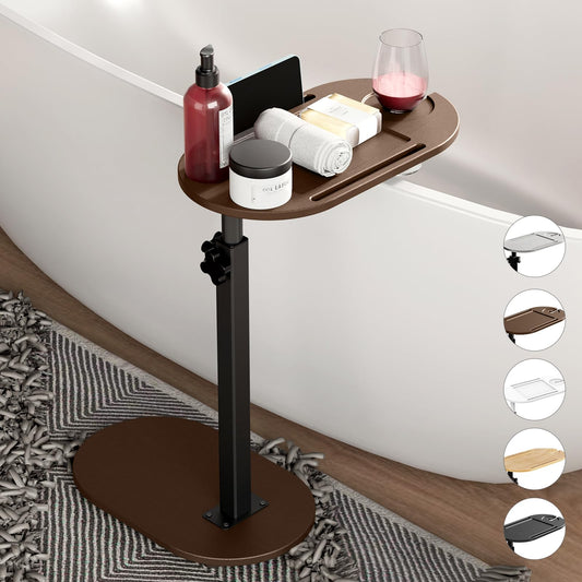 Yumkfoi Bamboo Bathtub Tray Table with Adjustable Height, Freestanding Bath Caddy Side Table for Tub Against Wall, Tub Shelf with Wine Glass Phone Holder, Functional Tray - Patent Protected (Brown)