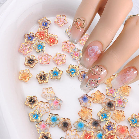 100Pcs Flower Nail Art Charms Gold Edge Resin Flower Nails Art Rhinestones Cute Summer Floral Manicure Rhinestone Diamonds Kawaii Colorful Floral Petals Nails Charms for Acrylic Nails DIY Nail Decor