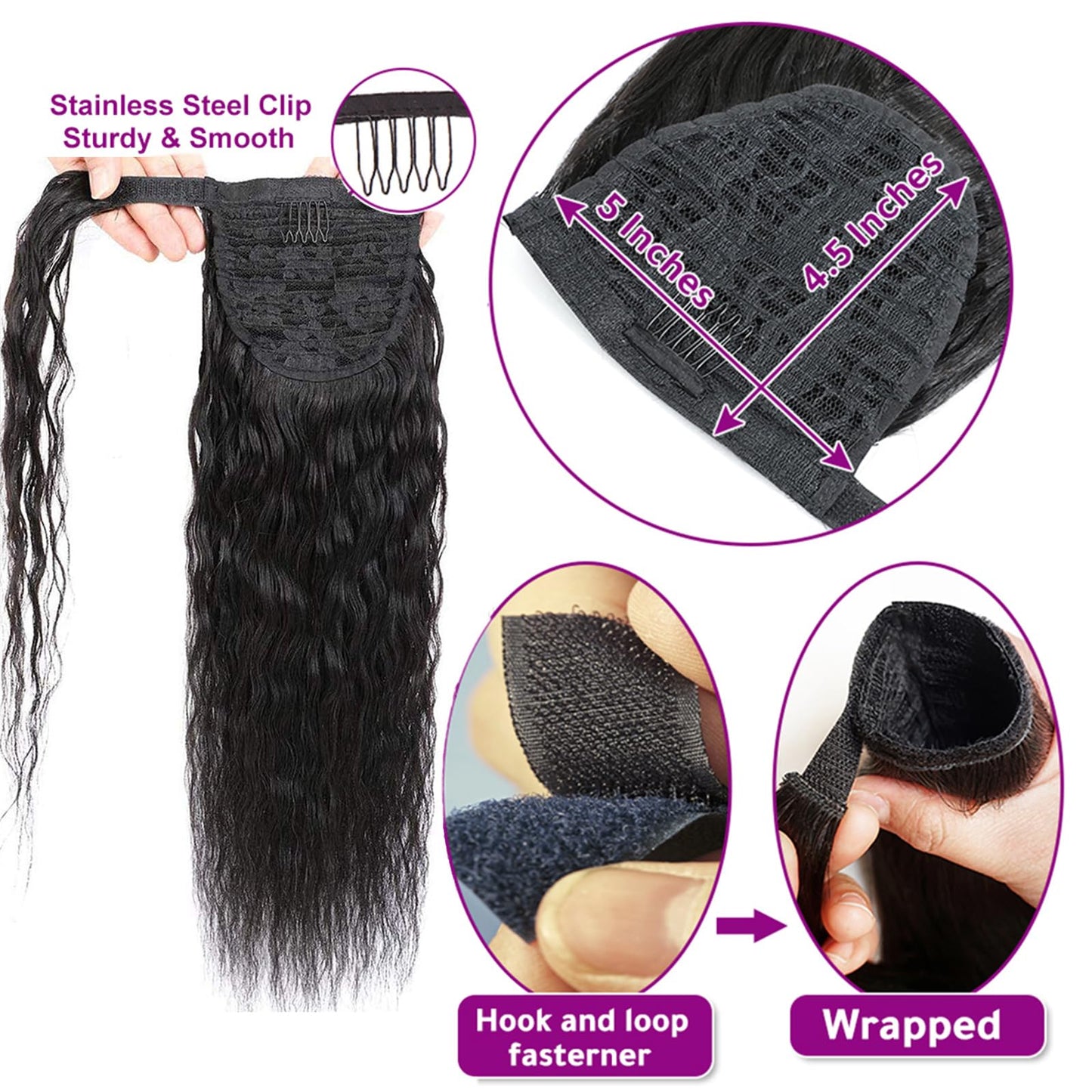 100% Real Human Hair Ponytail Wrap Around Hair Extensions Water Wave, Magic Paste Natural Wavy Deep Curly Ponytail for Black Women (12 Inch)