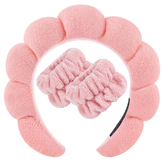Zkptops Spa Headband for Washing Face Wristband Set Sponge Makeup Skincare Terry Cloth Bubble Soft Get Ready Hairband for Women Girl Puffy Padded Headwear Non Slip Thick Hair Accessory(Orange Pink-2)