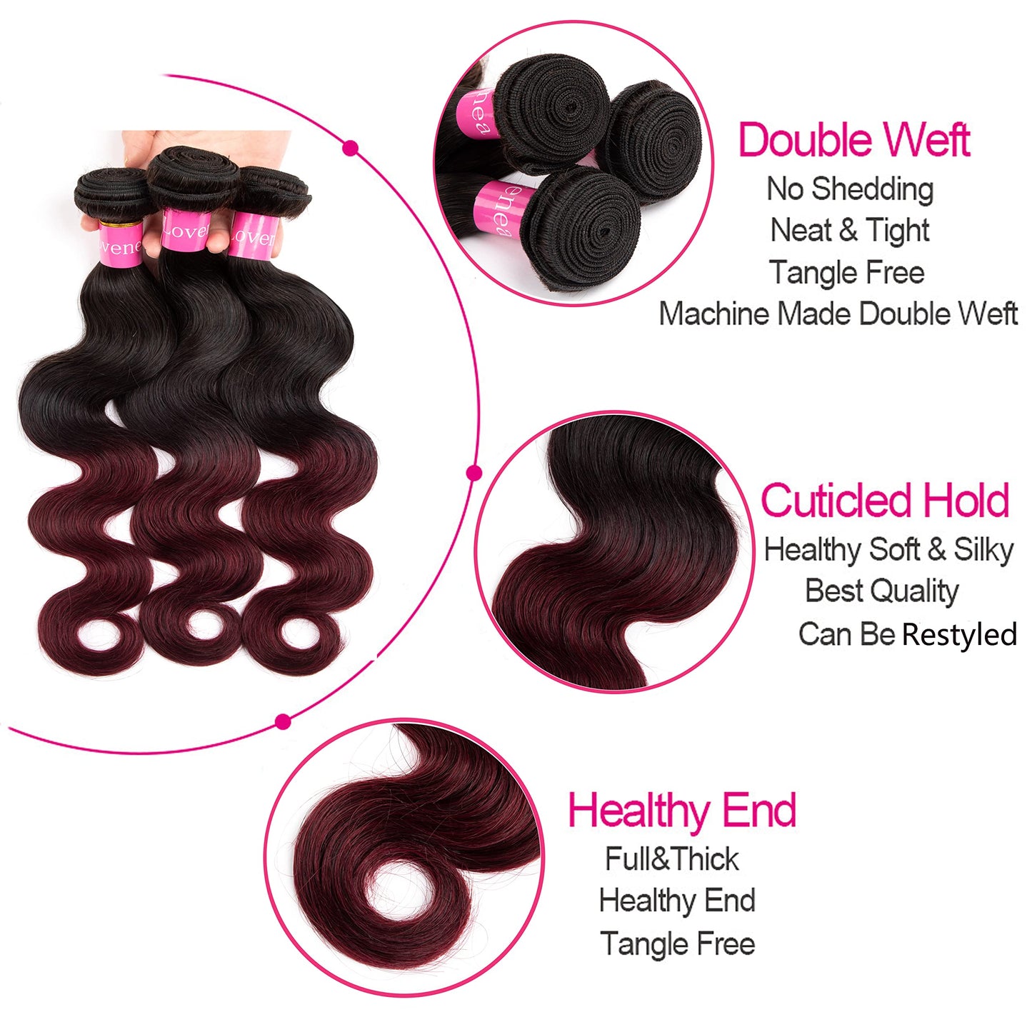 Lovenea 2 Tone Ombre Body Wave Hair 3 Bundles with 4x4 Lace Closure 100% Unprocessed Brazilian Remy Virgin Hair Body Wave Human Hair Bundles with Free Part Closure(T1B/99J, 12 14 16+10)