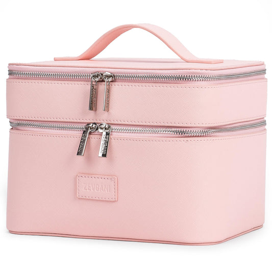 ZEVGANI Vanity Case, Leather Makeup Bag with Mirror, Large Travel Make up Cosmetic Organizer Dual Compartments Brush Storage & Removable Divider for Full-Size Toiletries Skincare, Pink