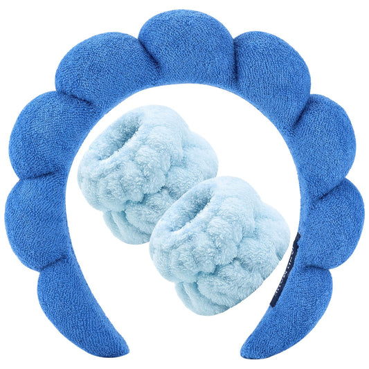 Zkptops Spa Headbands for Washing Face Wristband Set Sponge Makeup Skin Care Headband Towels Bubble Soft Hairband for Women Girls Puffy Headwear Winter Non Slip Thick Thin Hair Accessory(Dark Blue-3)