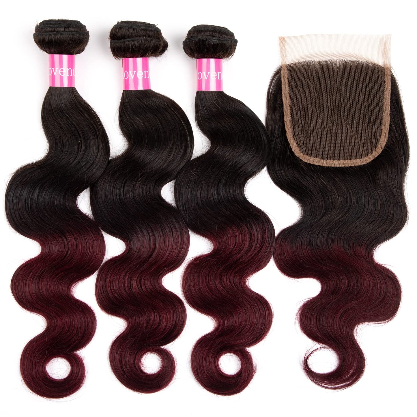 Lovenea 2 Tone Ombre Body Wave Hair 3 Bundles with 4x4 Lace Closure 100% Unprocessed Brazilian Remy Virgin Hair Body Wave Human Hair Bundles with Free Part Closure(T1B/99J, 12 14 16+10)