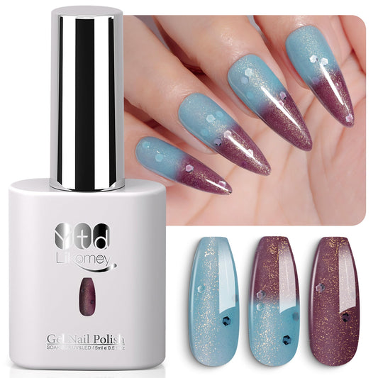 YTD Likomey Color Changing Gel Nail Polish,HEMA Free TPO Free,15ml Turquoise To Deep Purple Shimmer Glitter Mood Temperature Change Colors,Spring Summer Thermal Ombre Manicure Varnish,WB431