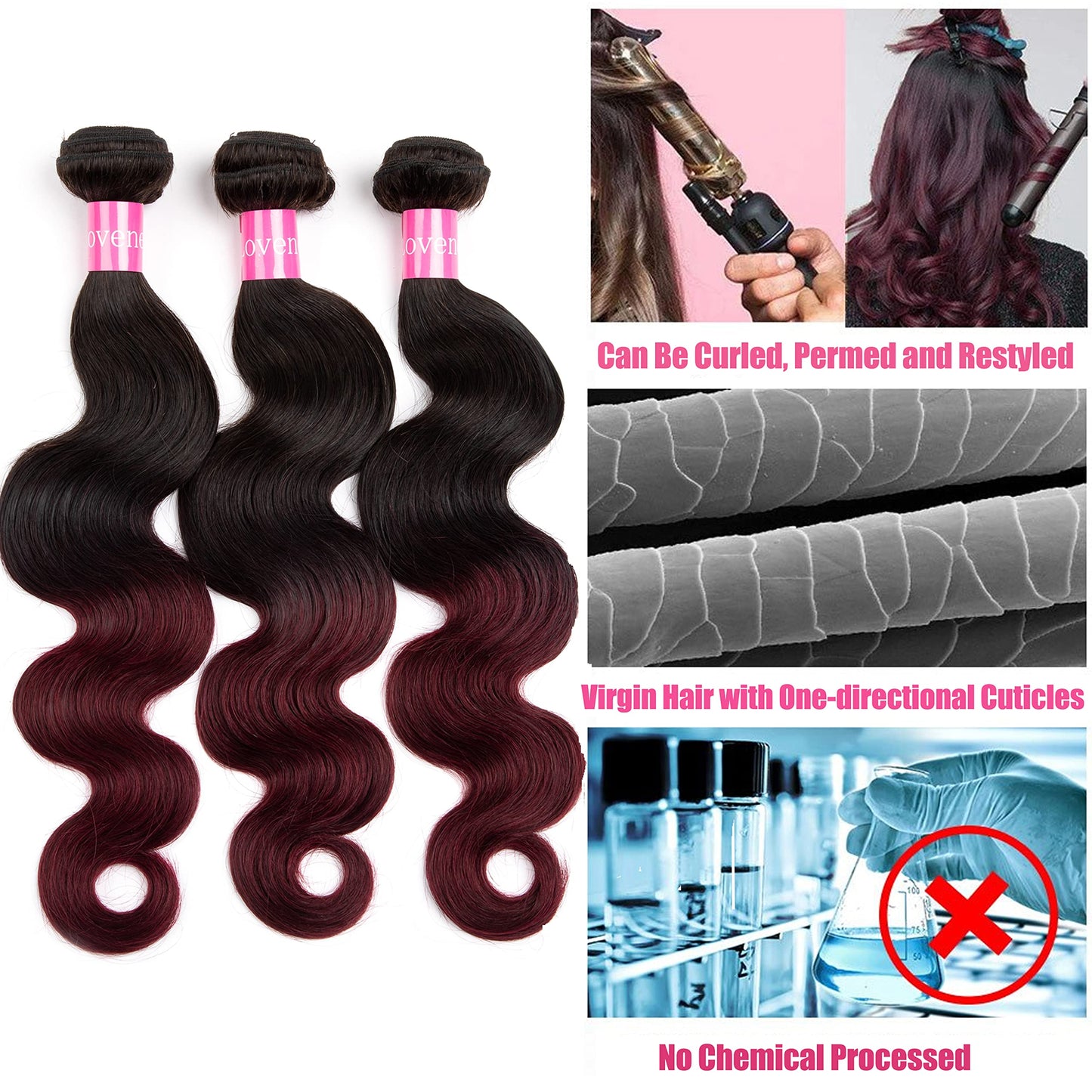 Lovenea 2 Tone Ombre Body Wave Hair 3 Bundles with 4x4 Lace Closure 100% Unprocessed Brazilian Remy Virgin Hair Body Wave Human Hair Bundles with Free Part Closure(T1B/99J, 12 14 16+10)