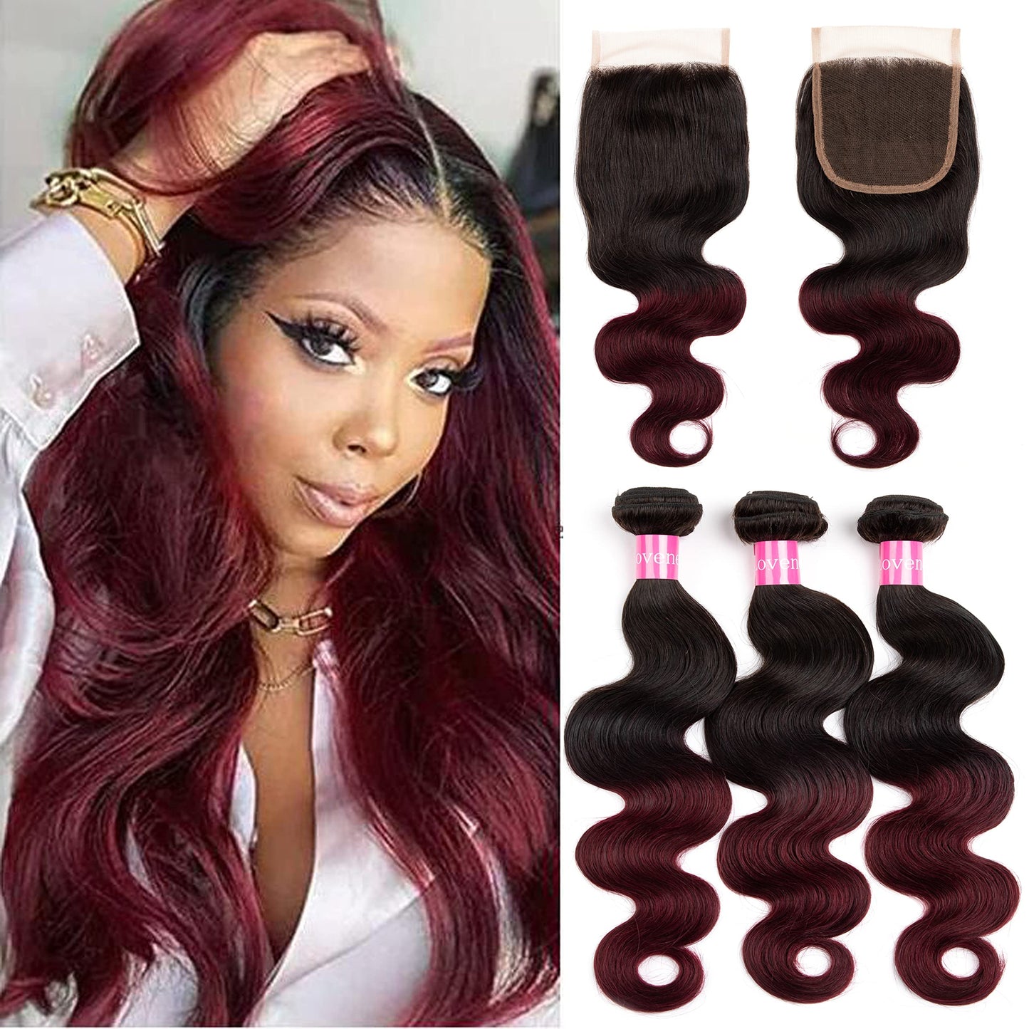 Lovenea 2 Tone Ombre Body Wave Hair 3 Bundles with 4x4 Lace Closure 100% Unprocessed Brazilian Remy Virgin Hair Body Wave Human Hair Bundles with Free Part Closure(T1B/99J, 12 14 16+10)