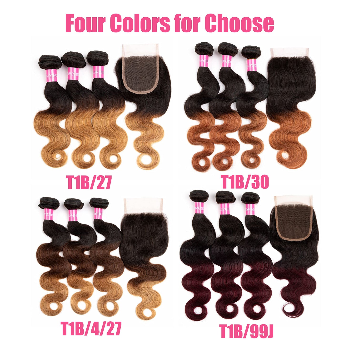 Lovenea 2 Tone Ombre Body Wave Hair 3 Bundles with 4x4 Lace Closure 100% Unprocessed Brazilian Remy Virgin Hair Body Wave Human Hair Bundles with Free Part Closure(T1B/99J, 12 14 16+10)